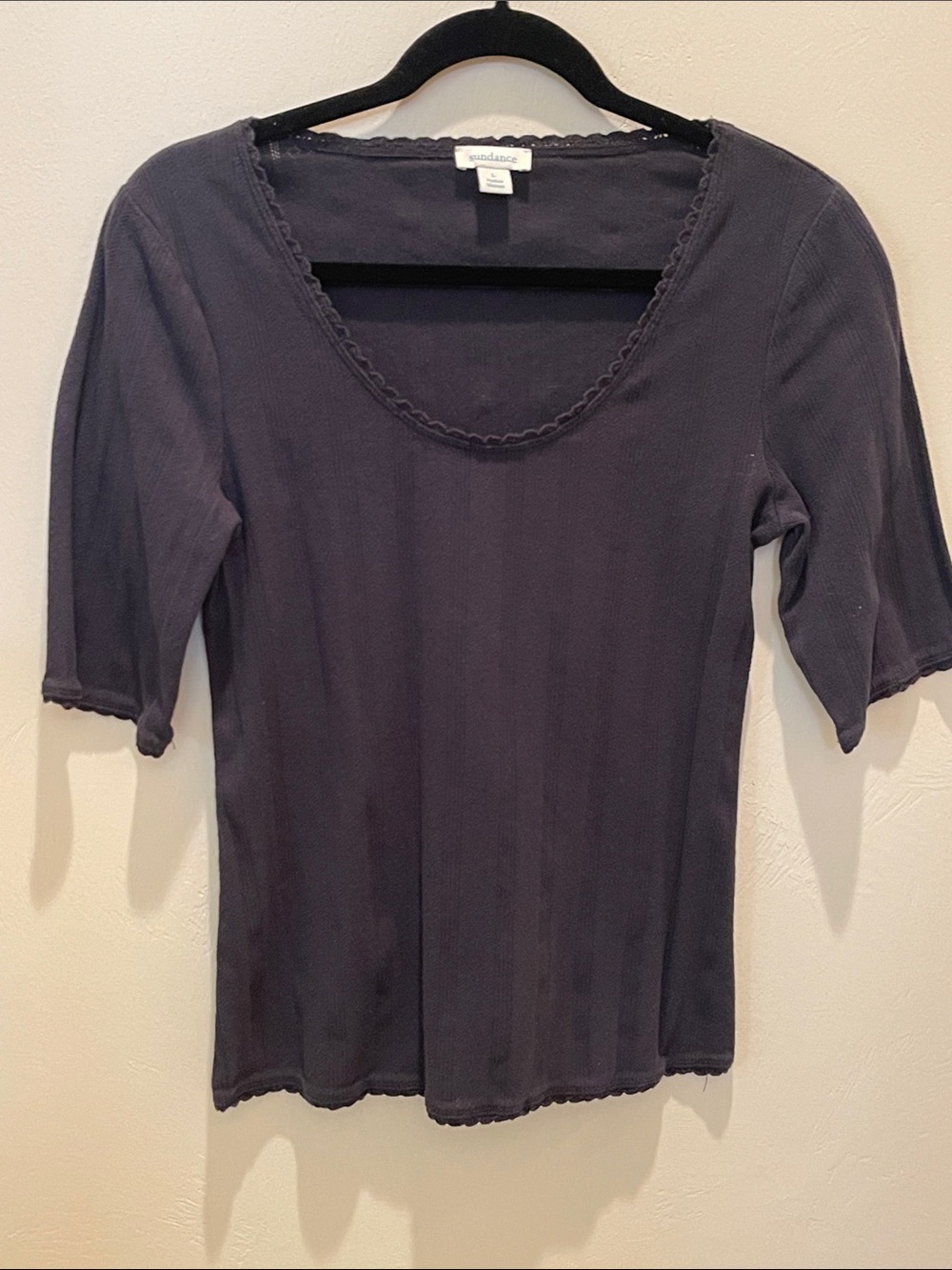 Sundance Black Ribbed Scoop Neck Top with Lettuce Edge Neck, Sleeves and Hemm